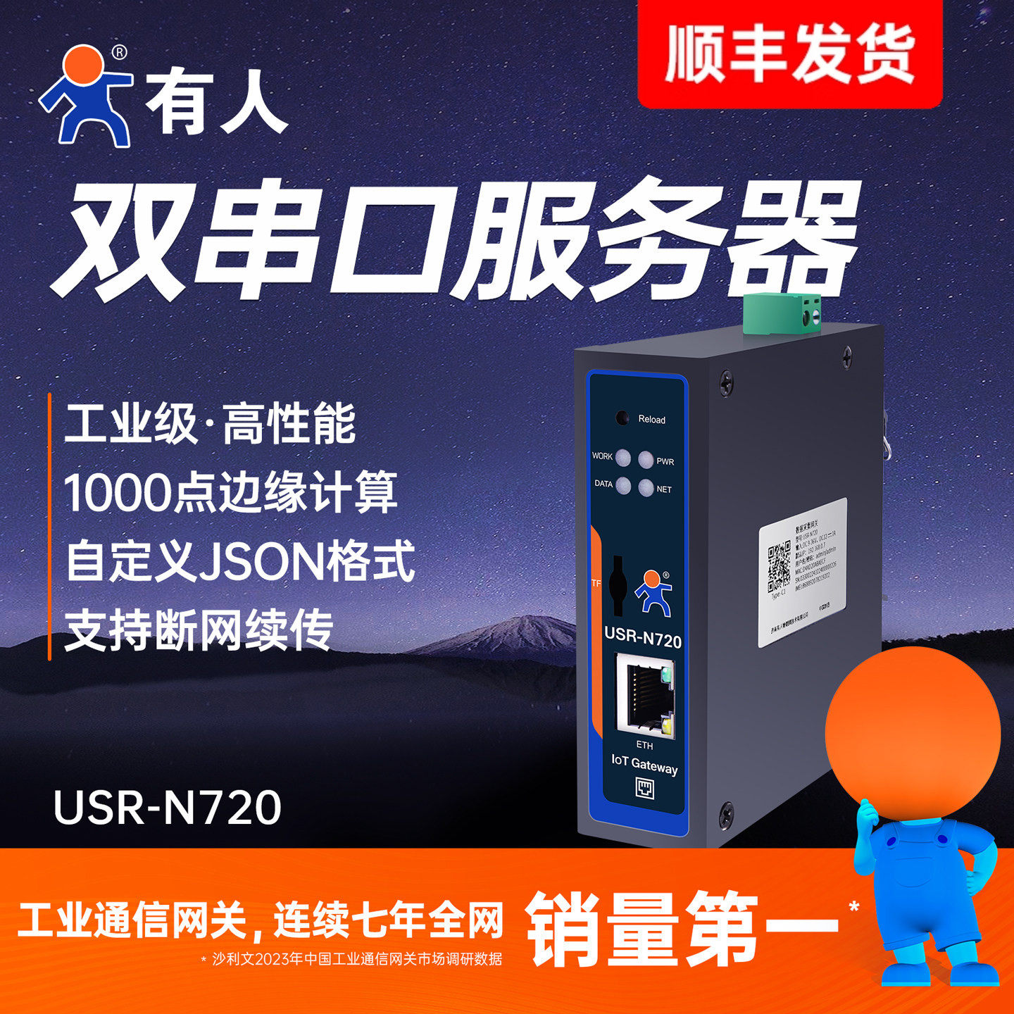 有人双RS485串口转以太网服务器边缘数据采集网关ModbusR