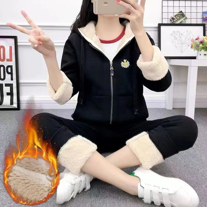 冬季防寒开衫保暖衣羊羔绒休闲套装女运动加绒情侣卫衣卫裤两件套