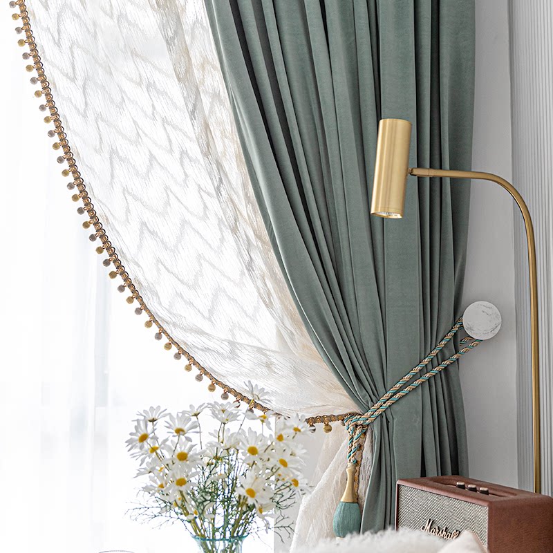 轻奢绒布高档复古纯色莫兰迪灰绿遮光卧室客厅美式简约飘窗窗帘