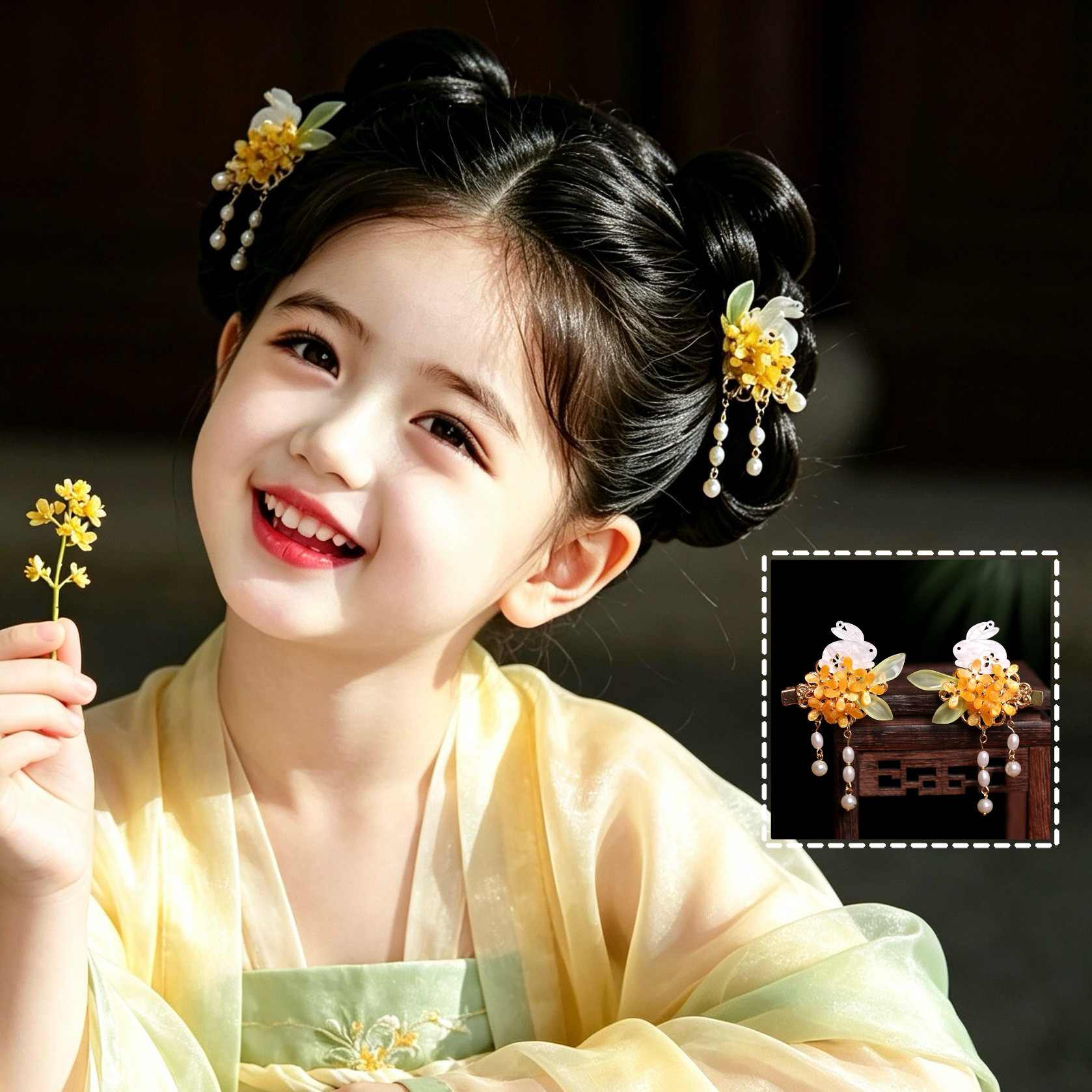 儿童古风汉服发饰桂花兔子流苏对发饰