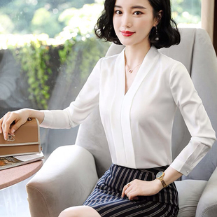 女长袖 气质西装 2025春装 OL工作服正装 内搭职业衬衣 新款 V领白衬衫