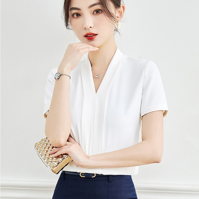 白色雪纺衬衫女短袖夏季v领工装衬衣职业西装内搭正装面试工作服