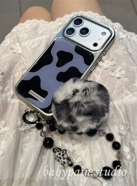 babypain ins秋冬高级感蓝色奶牛纹适用iPhone17promax手机壳苹果16pro毛球链条15pro防摔保护套14pro新款13