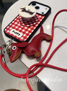 babypain 秋冬复古红色格纹可爱腊肠狗磁吸支架适用iPhone17promax手机壳苹果16pro斜跨绳15pro防摔14新款13