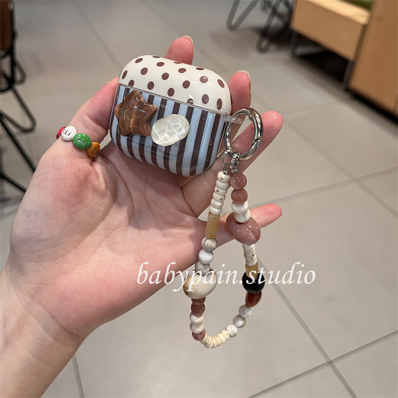 babypain ins风复古美拉德风蓝棕色条纹适用AirPodspro3耳机壳AirPods4硅胶耳机套pro2链条AirPods3新款2代女