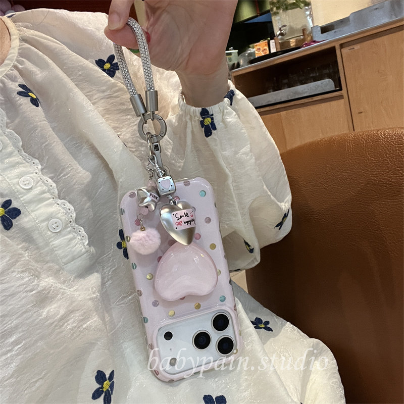 babypain 韩系ins粉嫩嫩羽纱波点适用iPhone17promax手机壳苹果16pro爱心支架支架15pro挂绳防摔新款14pro女