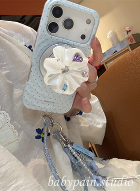 babypain 小众设计款浅绿色波点适用iPhone17promax手机壳苹果16pro缎面宝石磁吸支架15pro花朵挂绳16新款17