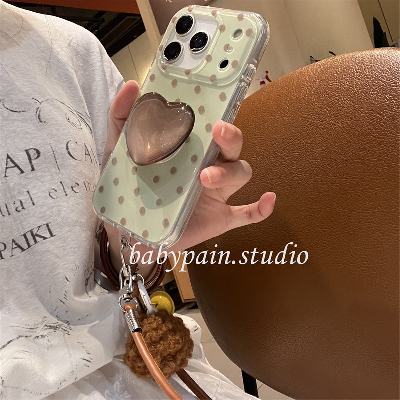 babypain ins秋日浪漫抹茶绿棕色波点适用iPhone17promax手机壳苹果16pro爱心支架15pro毛球挂绳14简约13新款