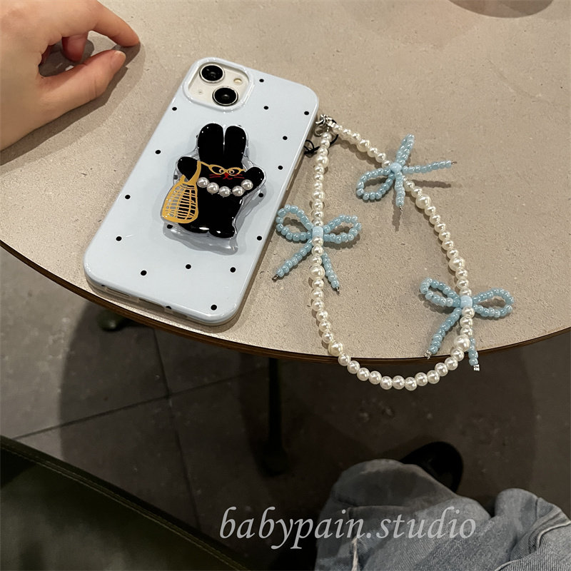 babypain时髦复古清新蓝色波点适用iPhone16promax手机壳苹果14珍珠猫咪支架13promax硅胶软壳1