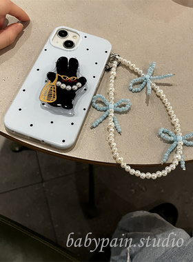 babypain时髦复古清新蓝色波点适用iPhone16promax手机壳苹果14珍珠猫咪支架13promax硅胶软壳12蝴蝶结手机链