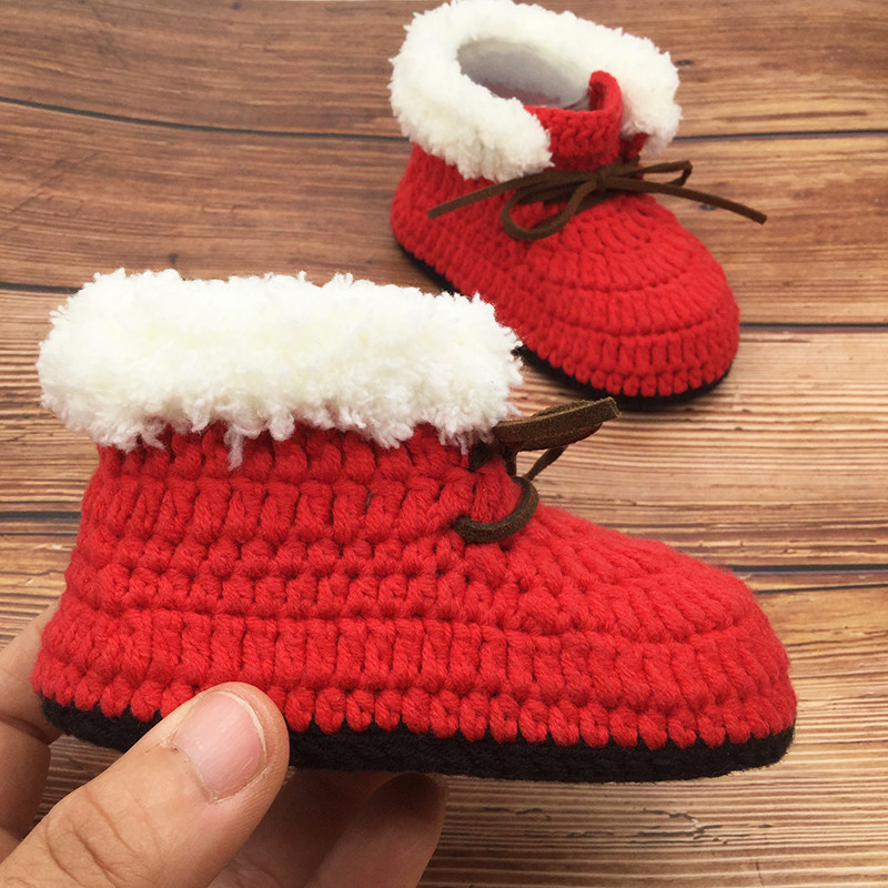 圣诞红婴儿毛线鞋手工宝宝鞋毛线鞋子 婴儿鞋毛线 手工编织成品