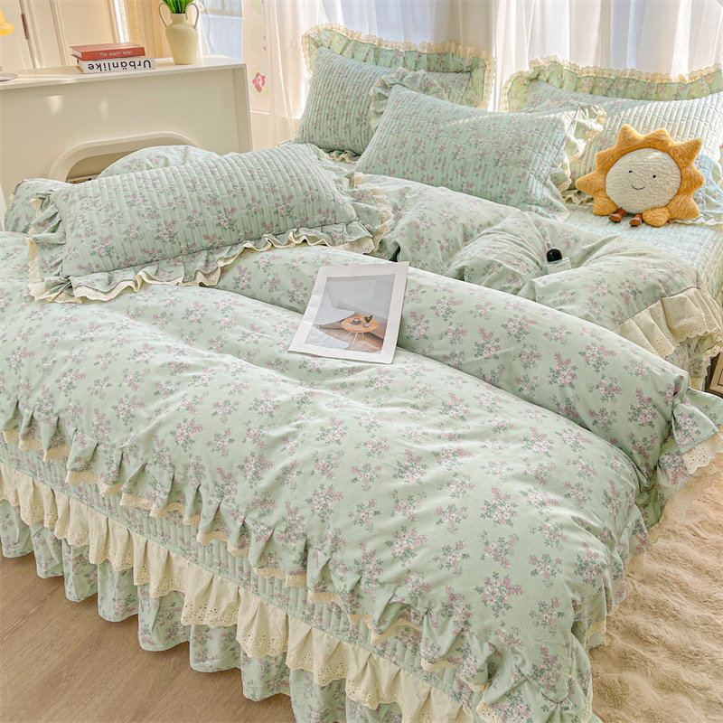韩版纯棉床盖四件套少女全棉被套夹棉加厚绗缝床单三件套四季通用