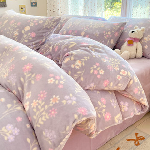 韩式小碎花牛奶绒床上四件套冬季加厚公主风珊瑚绒被套床单人床品