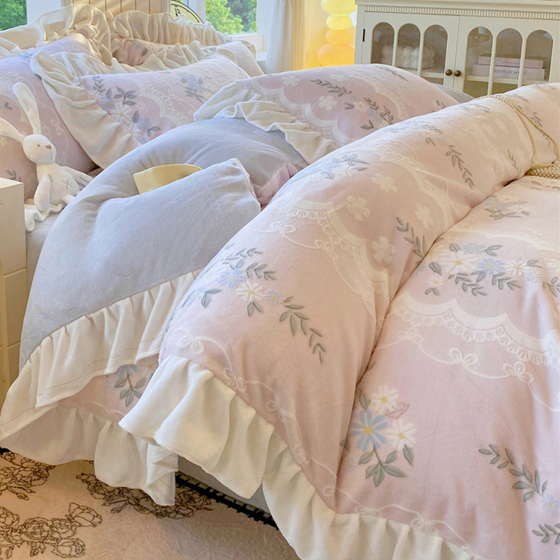 雕花牛奶绒花边床上四件套冬季加厚珊瑚绒床单双面法兰绒被套冬天