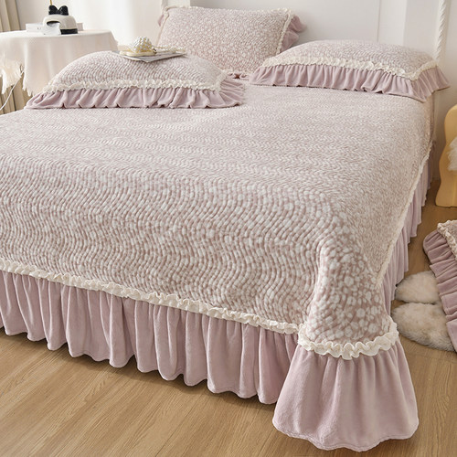 冬季加厚牛奶绒床盖三件套夹棉绗缝加绒被单床罩花边裙珊瑚绒床单
