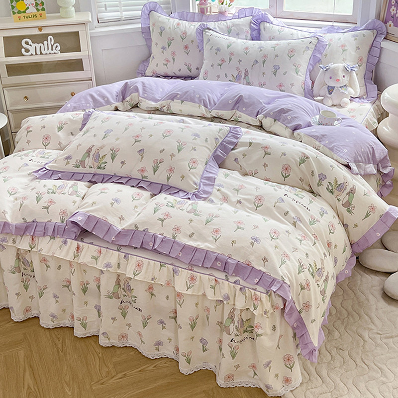 韩式公主风床裙款四件套纯棉全棉100床单被套宿舍三件套床上用品4