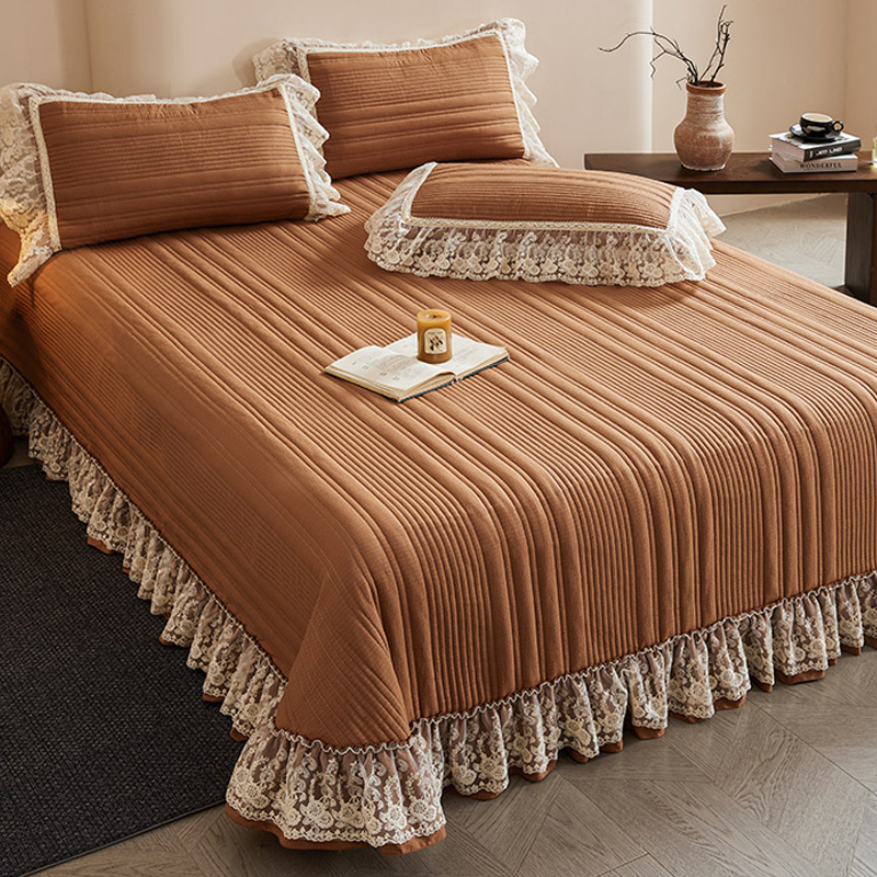 法式木棉皱皱纱单件夹棉床盖款公主风蕾丝花边加厚榻榻米床单家用