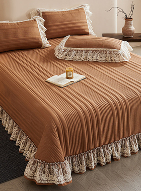 法式木棉皱皱纱单件夹棉床盖款公主风蕾丝花边加厚榻榻米床单家用