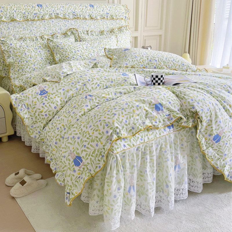 韩式公主风四季全棉夹棉床裙四件套纯棉双层床套蕾丝花边被套床罩
