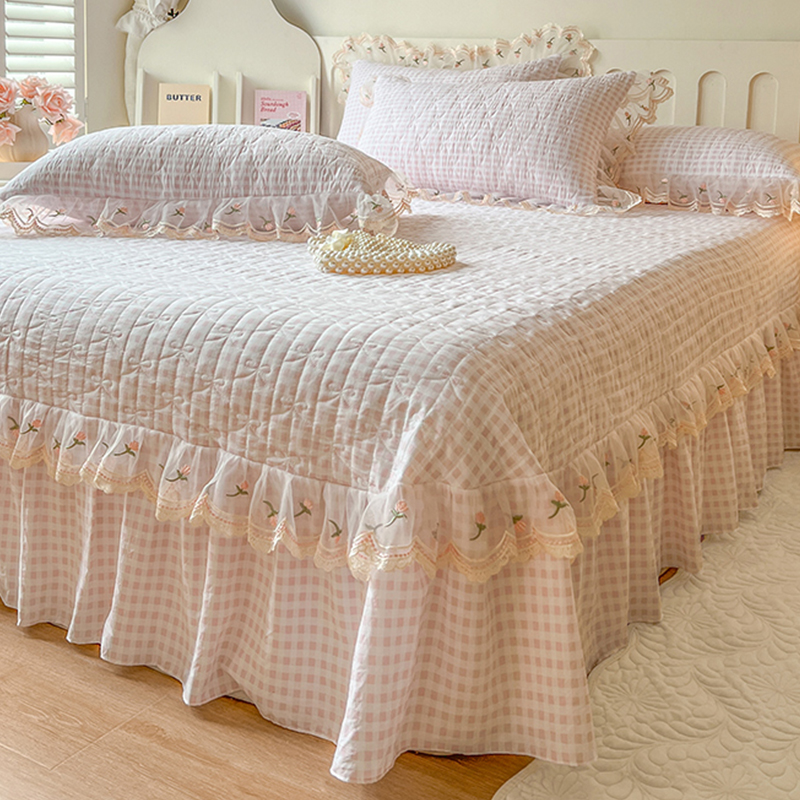 韩式水洗棉床盖款四件套少女心公主花边夹棉被套床单四季通用床品