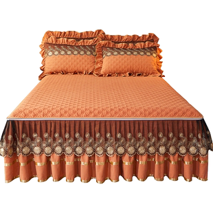 可拆洗床裙式床笠三件套纯色夹棉加厚二合一蕾丝边床罩1米8床围套