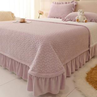 纯色加厚牛奶绒床盖单件荷叶花边夹棉床单保暖床垫榻榻米炕盖冬季