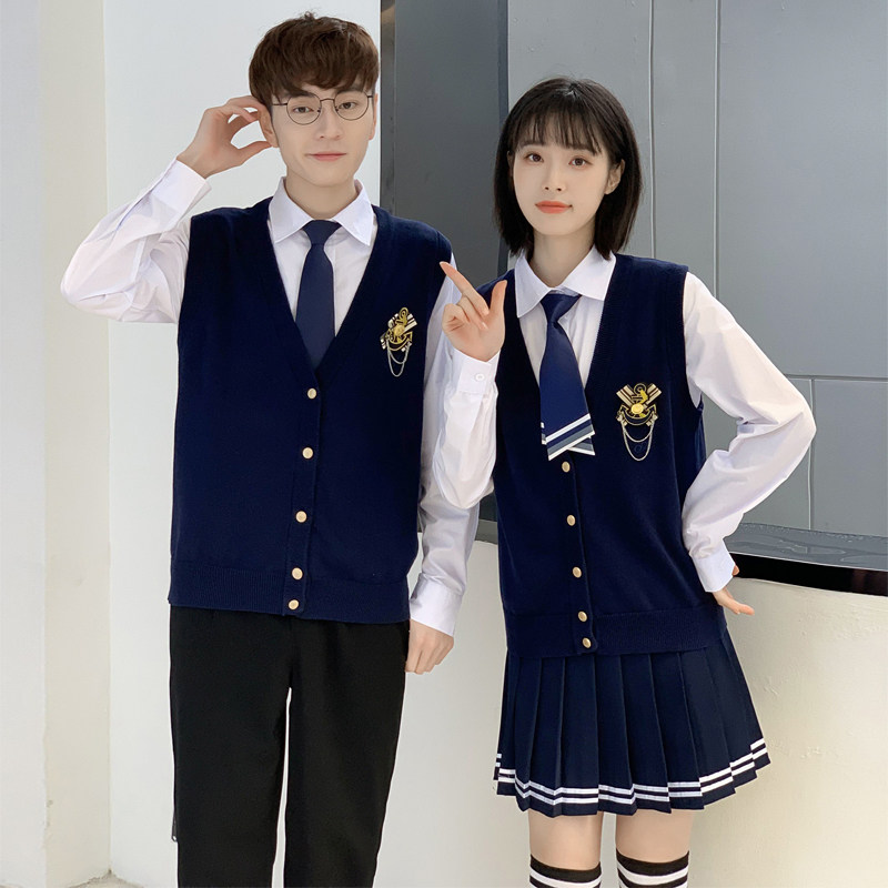 秋冬开衫藏青色针织衫初高中学生制服演出拍照班服校服纯棉学院风