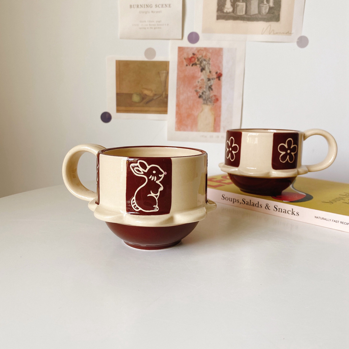 日式手绘小兔花朵陶瓷杯子