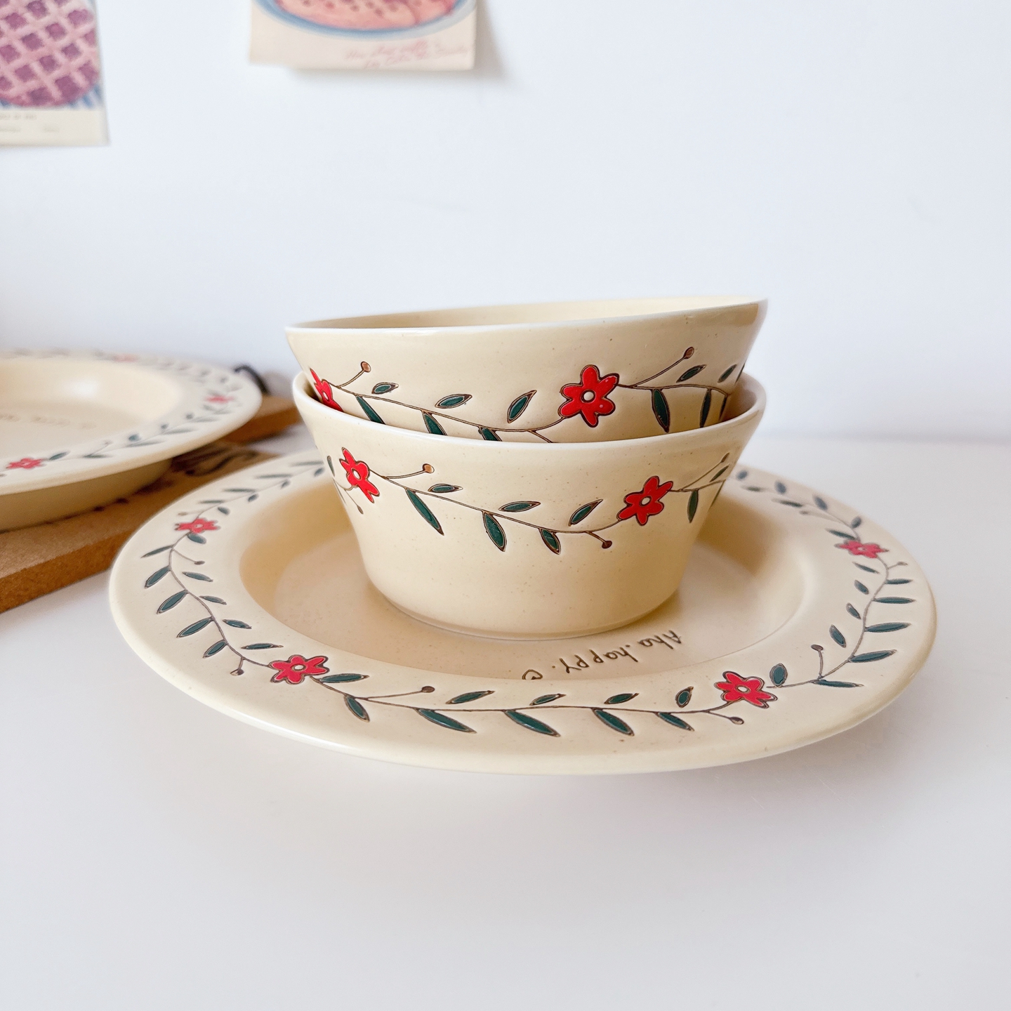 复古釉下彩手绘小花陶瓷餐具家用米饭碗菜盘意面盘甜品水果盘礼物