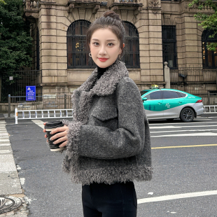 灰色双面山羊绒大衣女短款2026秋冬新款小个子羊圈毛拼接呢子外套