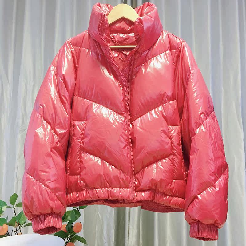 2024秋冬新款高品质90白鸭绒羽绒服红色女装亮面免洗时尚百搭外套