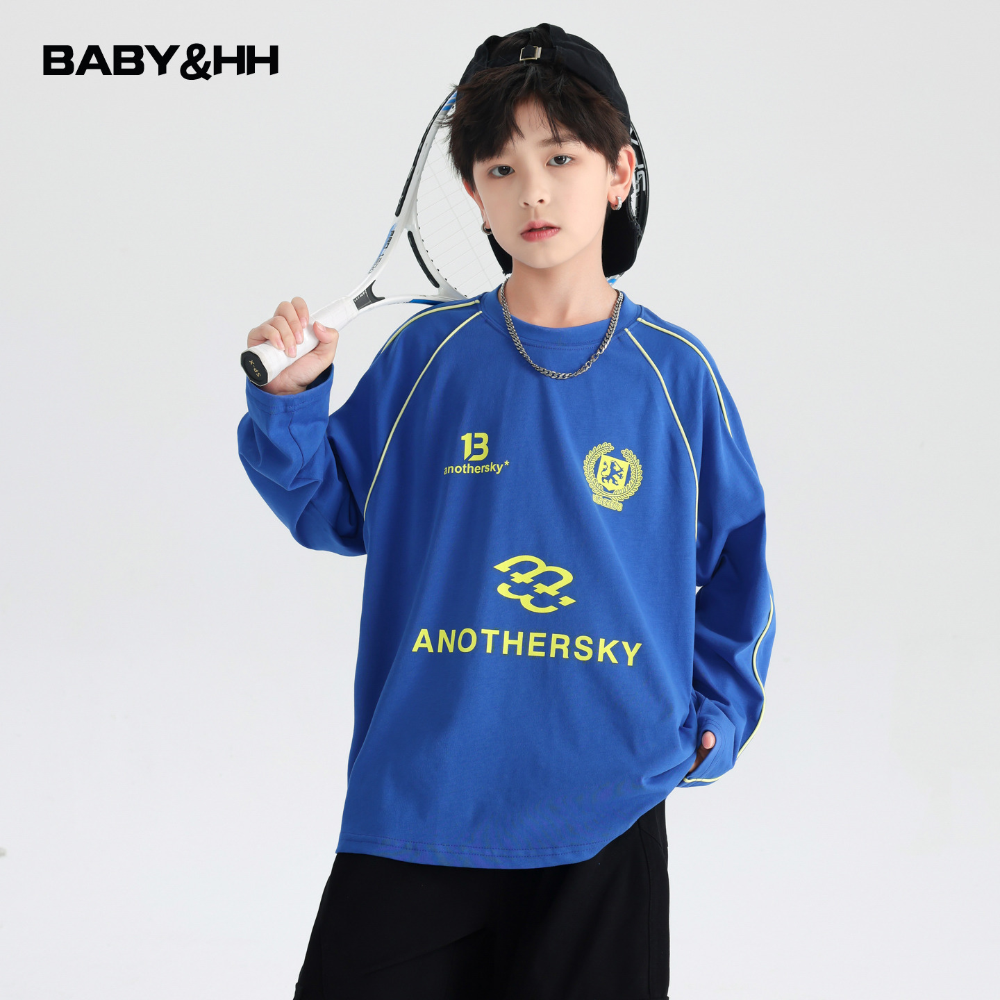 克莱因蓝机车风运动宽松长袖T恤