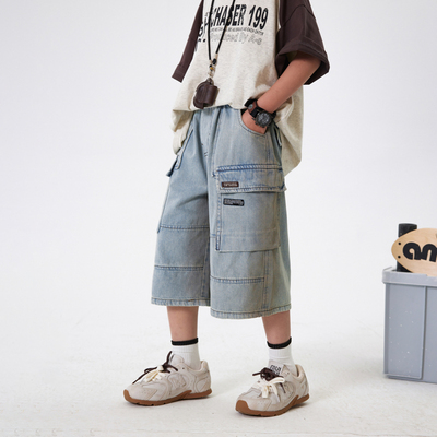 韩范冰感直筒宽松七分牛仔短裤潮