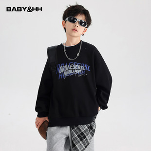 男童早秋季 青少年儿童春秋街舞上衣 黑色反光字母宽松卫衣2025新款