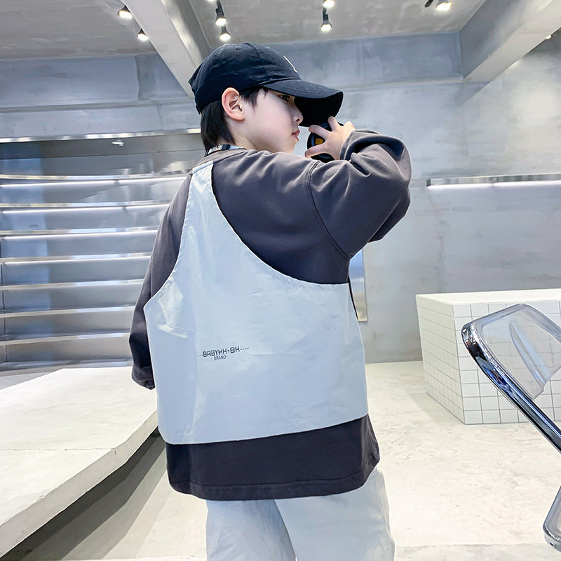 男童春秋款韩范拼接圆领宽松卫衣