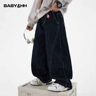 男童冬季潮酷加绒弯刀直筒牛仔裤2025新款青少年儿童加厚阔腿裤子