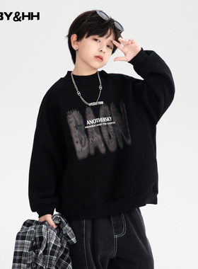 男童秋冬季黑色酷帅半高领加绒卫衣2025新款儿童男孩加厚运动上衣