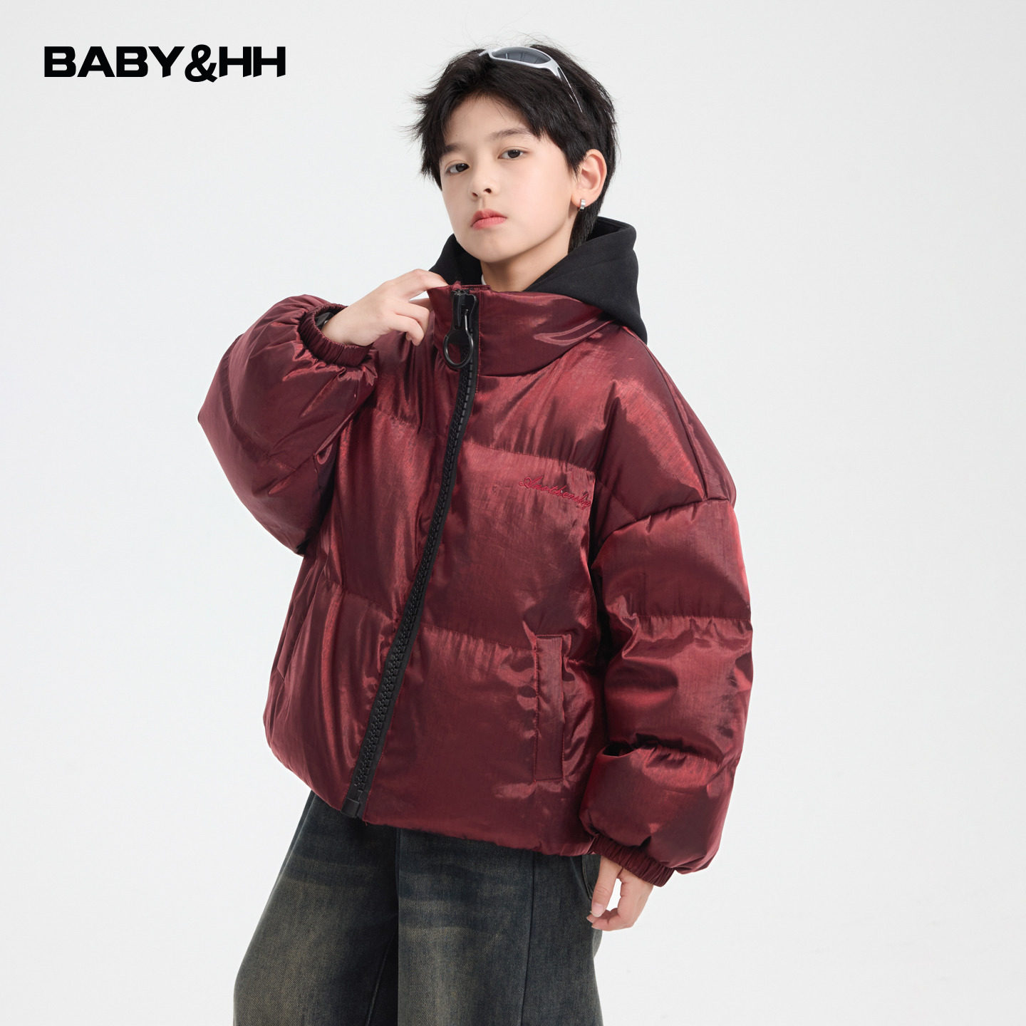 红色新年大号拉链假两件羽绒服潮