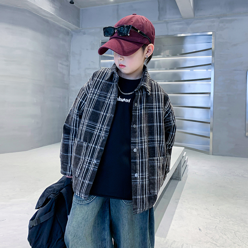 男童秋冬格子衬衫加厚夹棉棉服潮