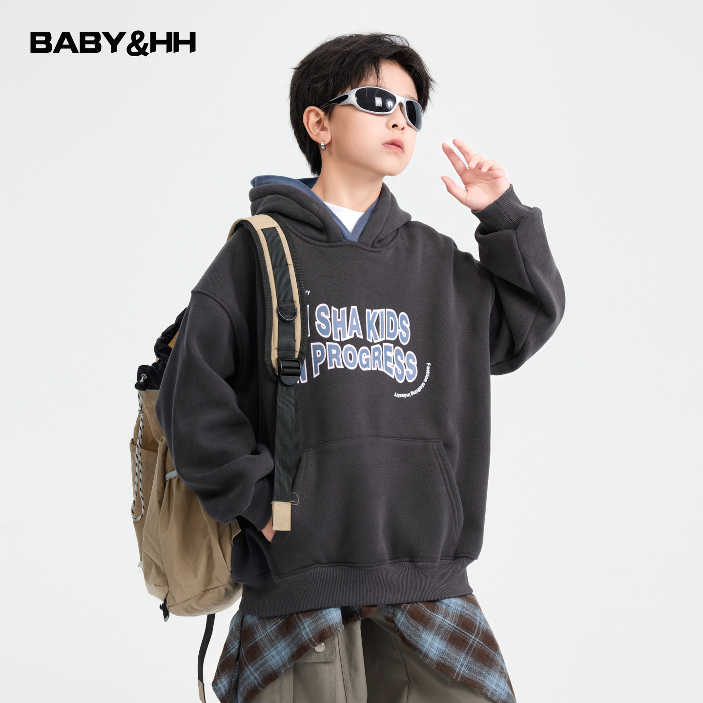 双层帽子撞色拼接一体绒连帽卫衣