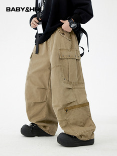 男童秋冬户外卡其色伞兵工装裤2025新款儿童男孩加绒直筒阔腿裤子
