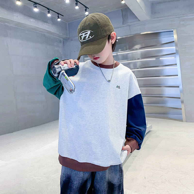 男童春秋款撞色圆领宽松薄款卫衣