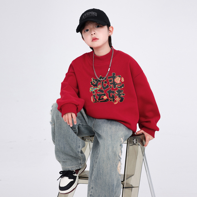 男童冬季红色新年加绒加厚卫衣潮