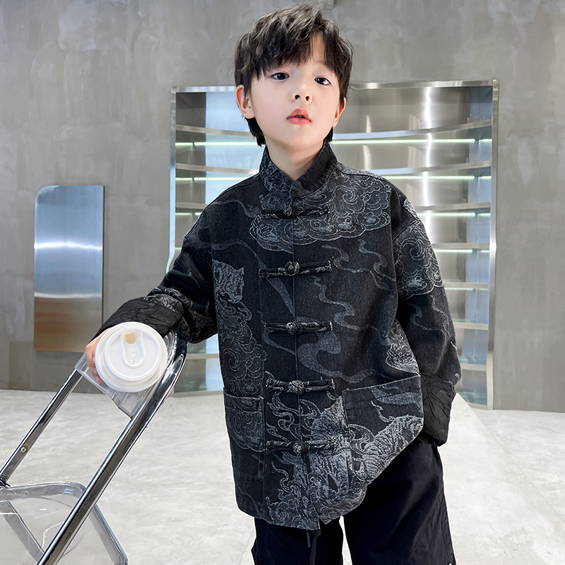 男童高级汉服中秋2025新款儿童秋款古唐装中国风虎啸云纹牛仔外套