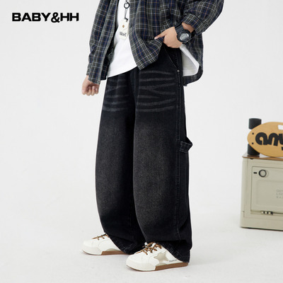 不易褪色加绒直筒阔腿工装牛仔裤