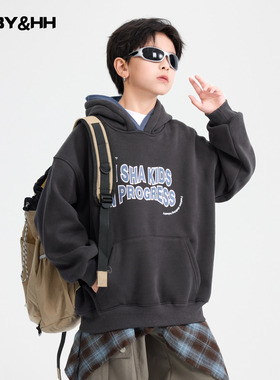 男童秋冬潮酷撞色拼接加绒连帽卫衣2025新款儿童学生加厚运动上衣