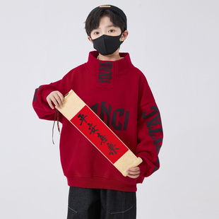 男童冬装新年红色加绒爆款卫衣2026新款青少年儿童拜年服加厚上衣