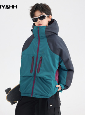 男童冬季90白鸭绒撞色连帽冲锋衣羽绒服2025新款儿童防水防寒外套