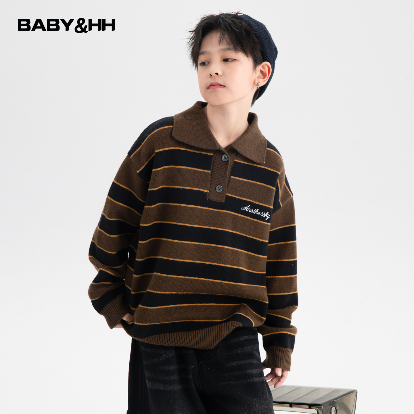 韩范学院风宽松条纹翻领针织毛衣