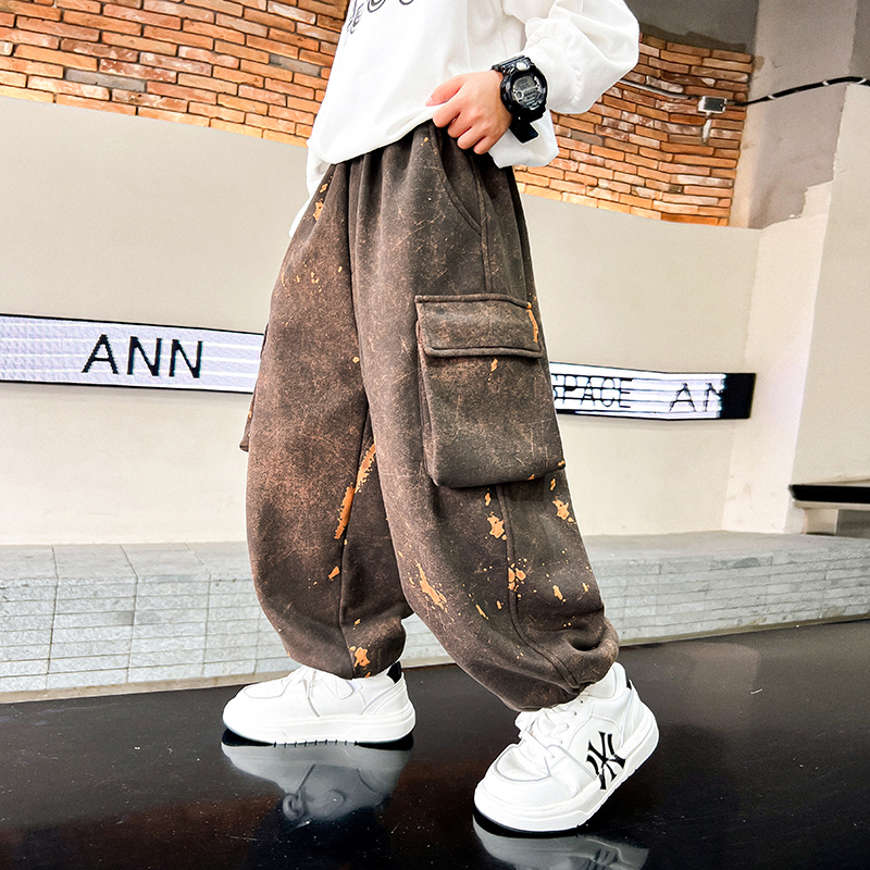 男童秋冬扎染加绒宽松工装卫裤潮